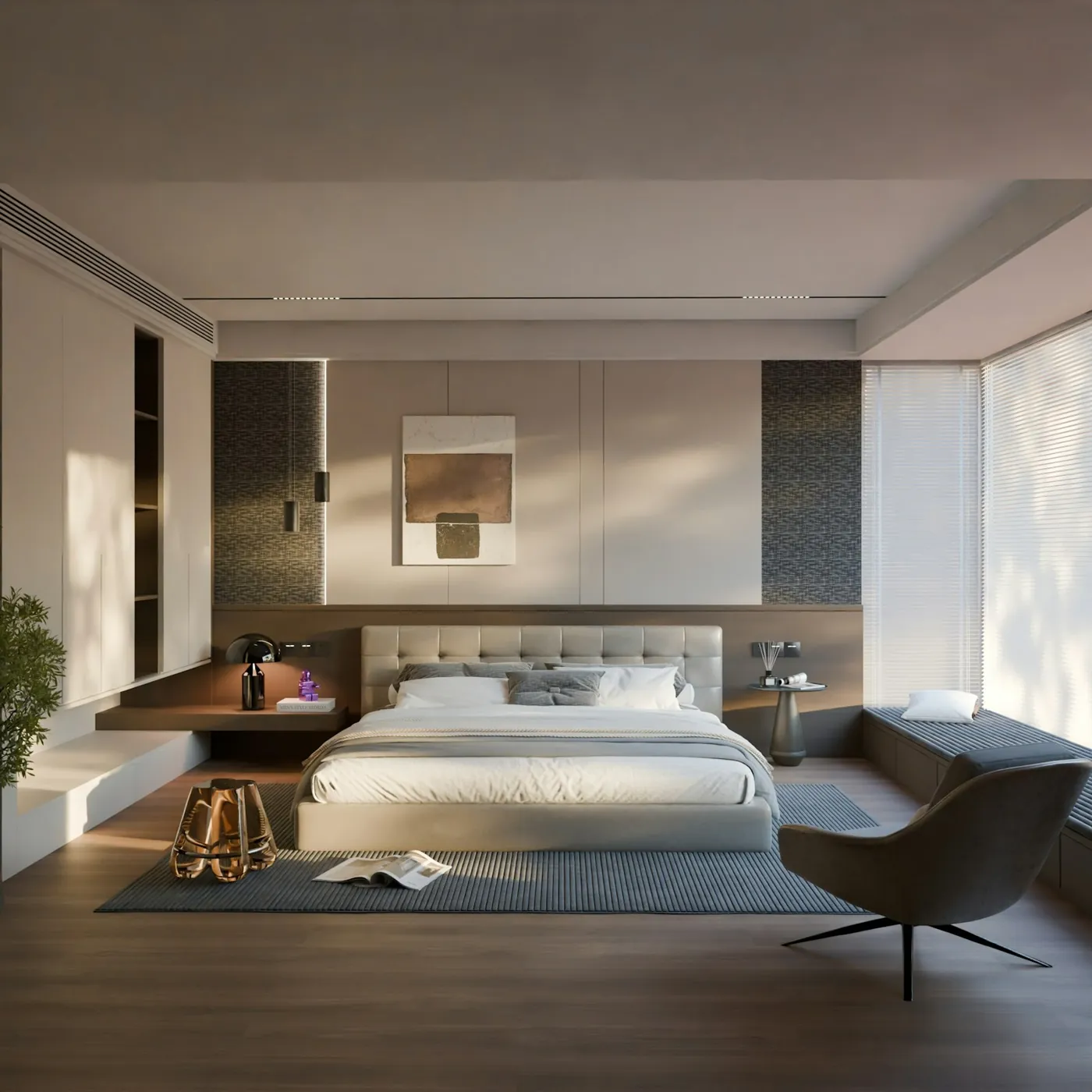 Elegant bedroom with an upholstered bed
