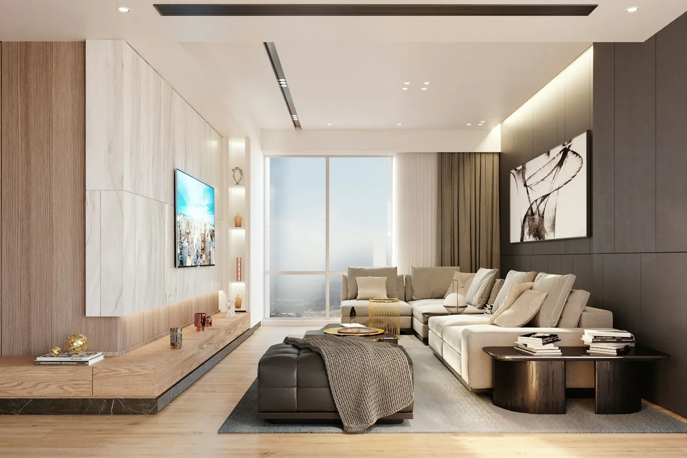 Modern living room with a cream sectional sofa